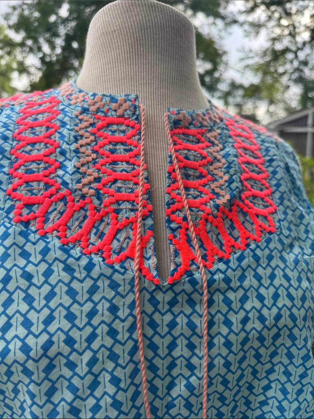 J. Crew Blue Patterned Cotton/Silk Tank with Coral Crochet Yoke and Tassels